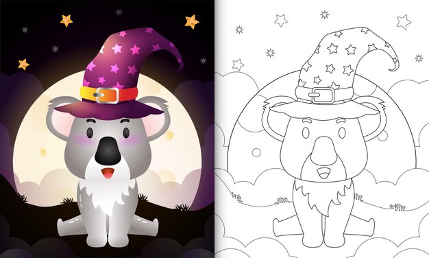 Kleurboek met een schattige cartoon halloween heks koala front the moon