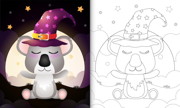 Kleurboek met een schattige cartoon halloween heks koala front the moon