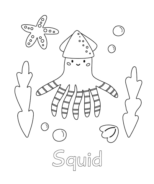 Kleurboek met schattige doodle inktvis zee cartoon dier onderwater oceaan planten shell en zeester engelse woordenschat voor kinderen overzicht vectorillustratie