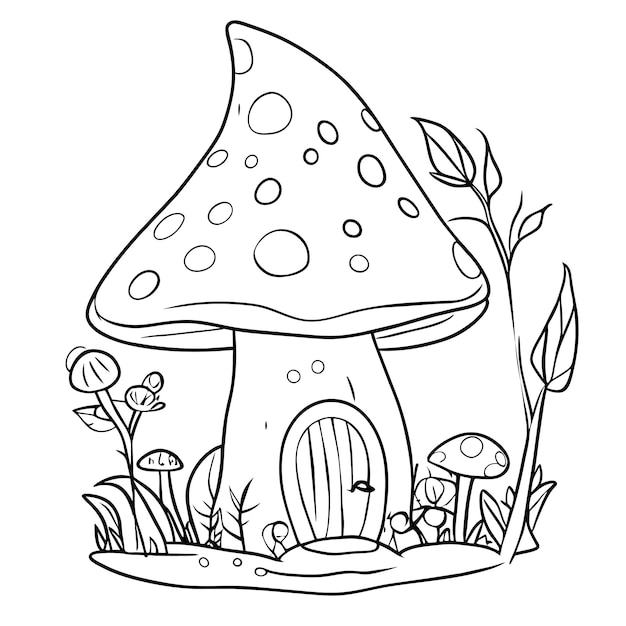 Vector kleurboek pagina magische paddenstoel huis