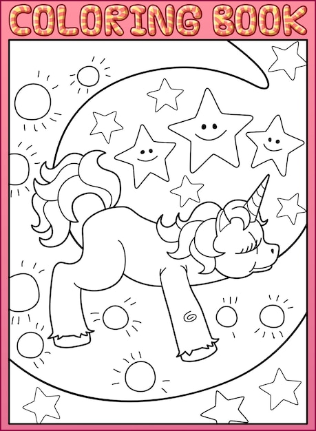 Kleurboek pagina. schattige kleine eenhoorn slaapt op de maan uit sprookje. cartoon vectorillustratie