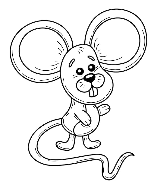 Vector kleurboek schattige kleine muis met lange staart schets dierlijke cartoon handgetekende illustratie