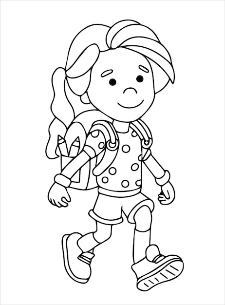 Kleurboek Schoolmeisje met schoolrugzak Leuk personage Vector illustratie Doodle