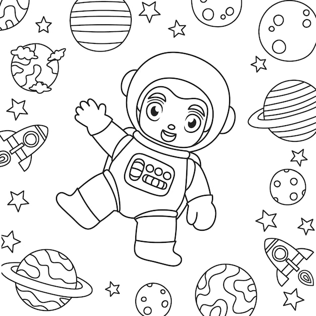 Vector kleurboek voor kinderen astronaut begroet vanuit de ruimte met raketplaneet en sterren