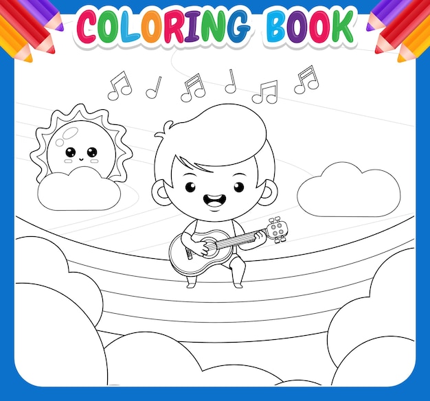 Vector kleurboek voor kinderen cartoon gelukkig schattige jongen gitaarspelen op rainbow