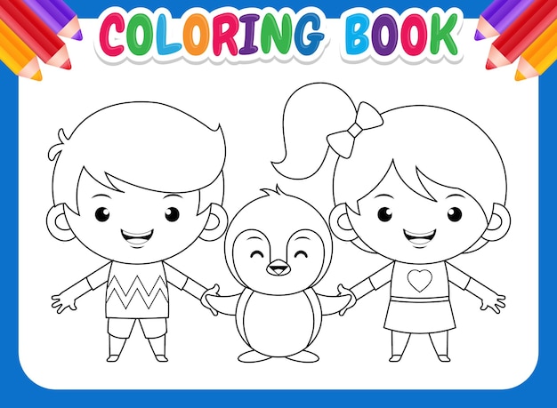 Vector kleurboek voor kinderen. cartoon kinderen en pinguïn.