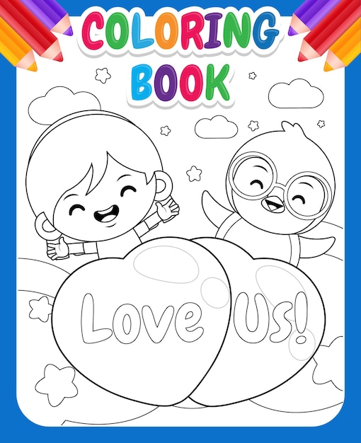 Kleurboek voor kinderen cartoon schattig meisje en pinguïn vliegen met liefde ballon