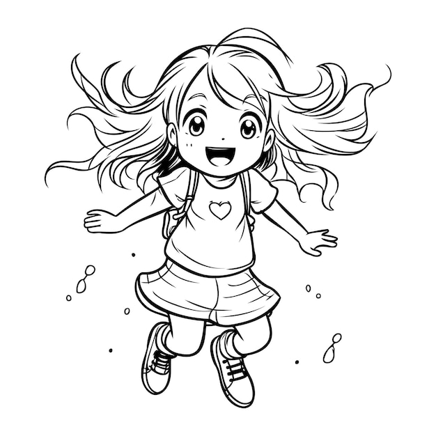 Kleurboek voor kinderen klein meisje hardlopen en springen Vector illustratie