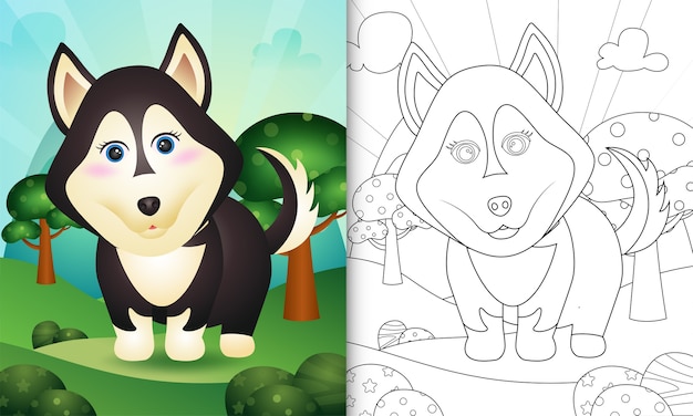 Kleurboek voor kinderen met een schattige husky hond karakter illustratie