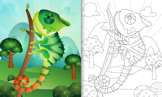 Kleurboek voor kinderen met een schattige kameleon karakter illustratie