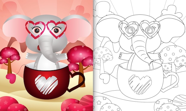 Kleurboek voor kinderen met een schattige olifant in de valentijnsdag met beker-thema