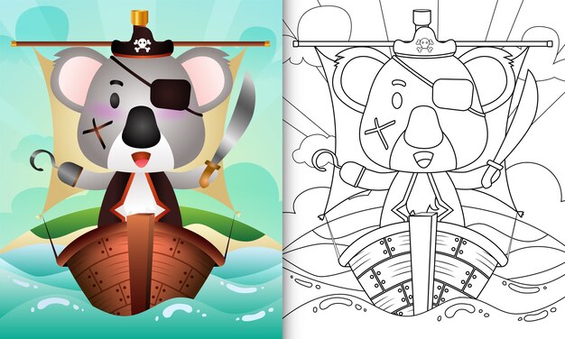 Kleurboek voor kinderen met een schattige piraat koala karakter illustratie op het schip