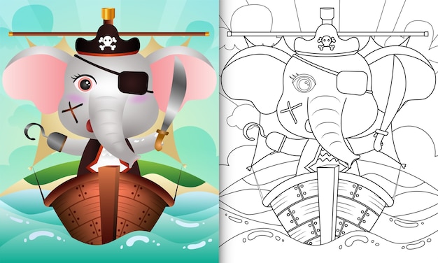 Kleurboek voor kinderen met een schattige piraatolifant karakter illustratie op het schip