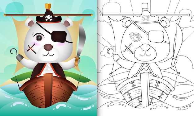 Kleurboek voor kinderen met een schattige piraten ijsbeer karakter illustratie op het schip