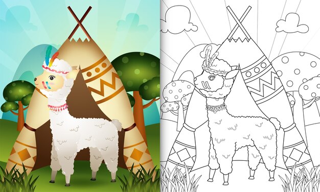 Kleurboek voor kinderen met een schattige tribal boho alpaca karakter illustratie