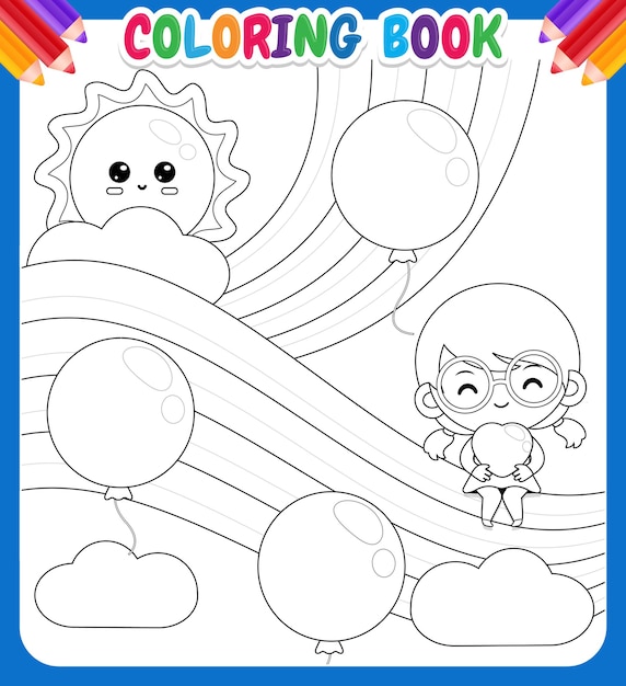 Kleurboek voor kinderen. Schattig meisje met hart zittend op de regenboog