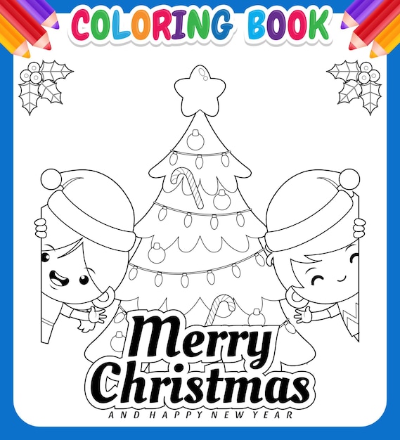 Kleurboek voor kinderen Twee schattige kinderen die Kerstmis en Nieuwjaar vieren