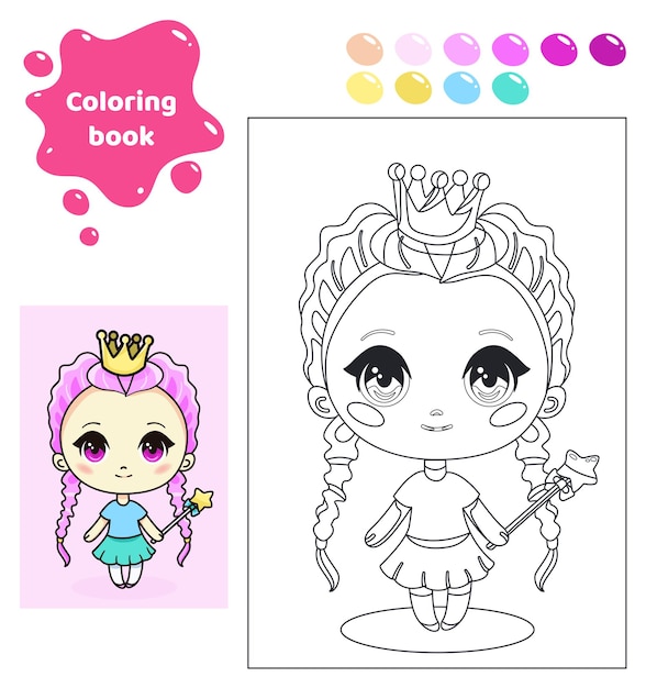 Kleurboek voor kinderen Werkblad voor tekenen met cartoon anime meisje Leuke prinses met kroon