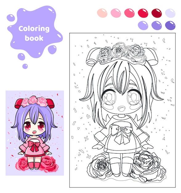 Kleurboek voor kinderen Werkblad voor tekenen met cartoon anime meisje Schattig kind met rozen