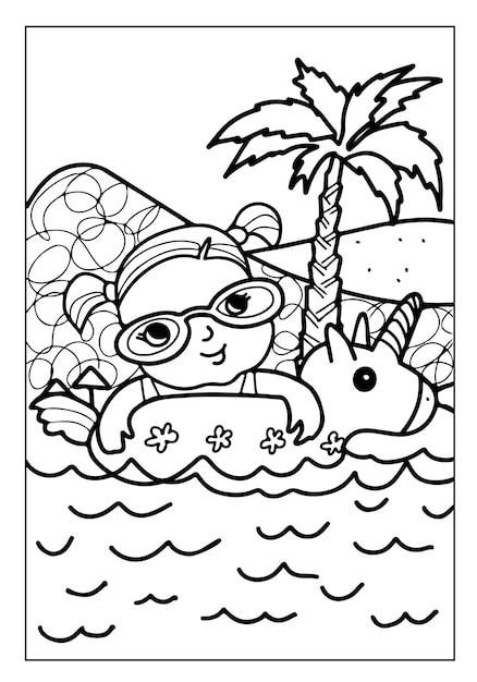 Kleurboek zomeractiviteit Schattige babymeisje zwemt in de zee