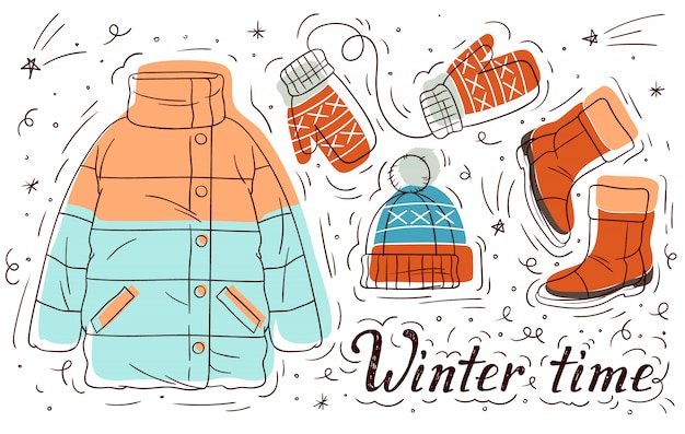 Kleurenhand getrokken illustratie van de winterkleren voor meisjes. set doodle stijlelementen. casual warme kleding voor dames.