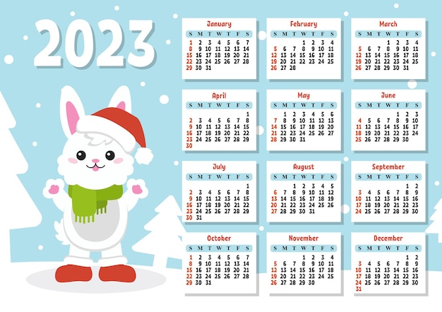 Kleurenkalender voor 2023 met een schattig konijntje De week begint op zondag Leuke en heldere cartoonstijl