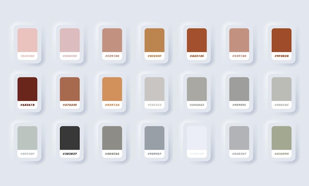 Kleurenpalet. catalogusmonsters bruin en grijs in rgb hex. kleurencatalogus. neumorphic ui ux witte gebruikersinterface webknop. neumorfisme.