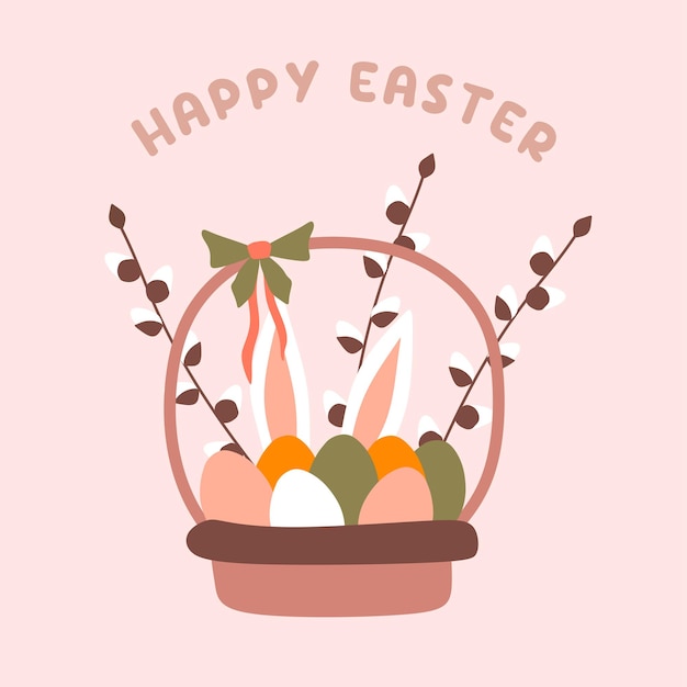 Vector kleurige eieren willow tak en konijn in wicker paasmand isolated vector illustratie van bruine pannier met lint boog op vakantie met tekst gelukkige paasfeest design element voor postkaart