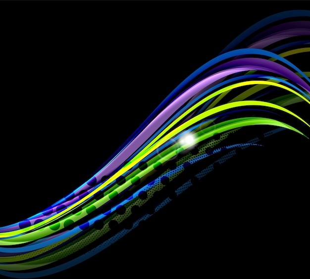 Kleurige golflijnen met licht- en schaduweffecten op zwarte abstracte achtergrond