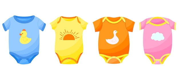 Kleurige onesies voor baby's set van vectorillustraties kinderkleding pasgeboren kleding kleding bodysuit