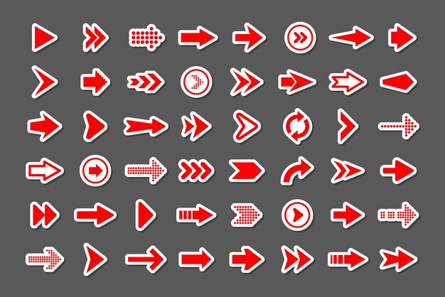 Vector kleurige pijlplakkers set rode cursor icons pointers collectie eenvoudige pijlen in verschillende vormen volgende achterzijde web borden vector illustratie