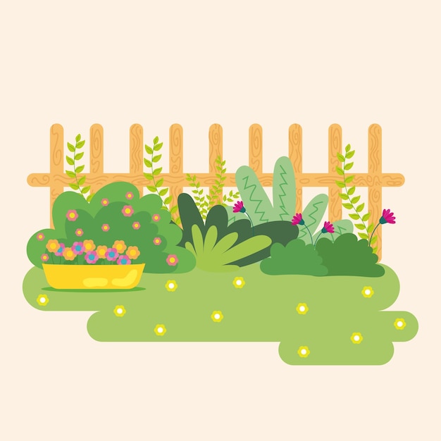 Kleurige schattige tuin met hek Platte stijl Vector illustratie