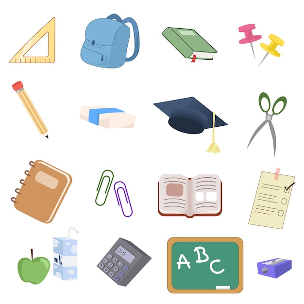 Kleurige schoolbenodigdheden collectie Verschillende educatieve materialen vector illustratie set
