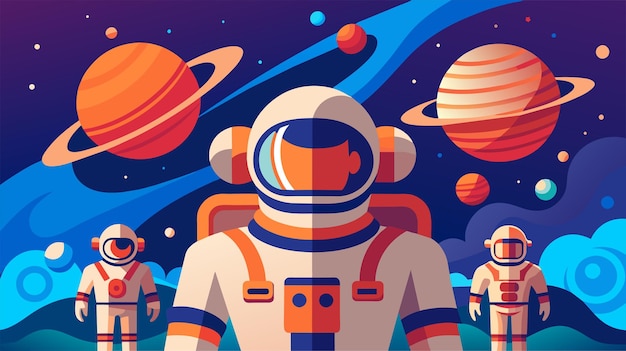 Kleurige vectorillustratie van astronauten en planeten in de ruimte