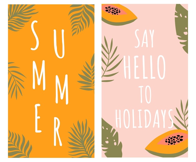 Vector kleurige zomer sjablonen met de hand getekende verticale banners met palmblaadjes en papaya