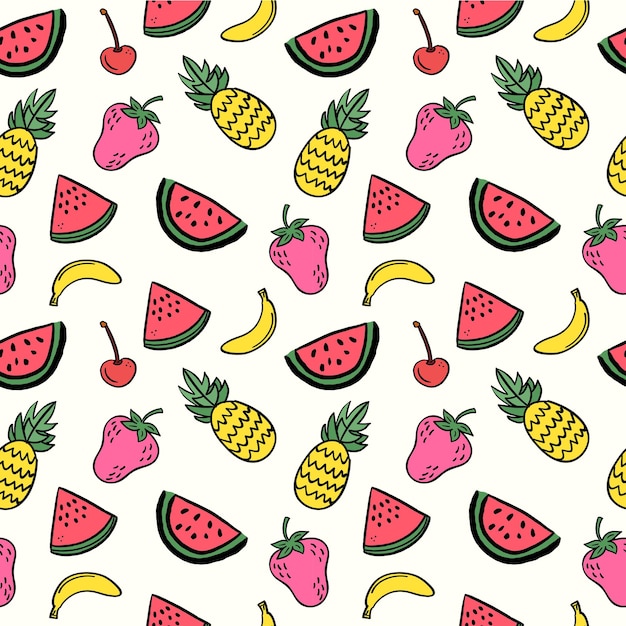 Kleurige zomer tropische vruchten patroon met met de hand getekende vruchten vector illustratie