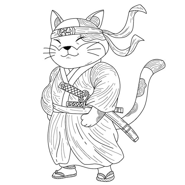 kleurplaat illustratie samurai kat