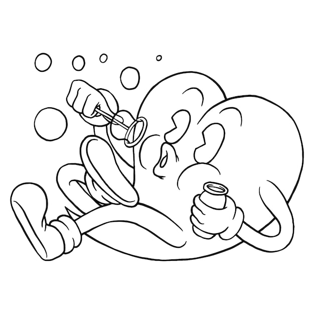 Vector kleurplaat illustratie van cartoon hart mascotte spelen zeepbellen