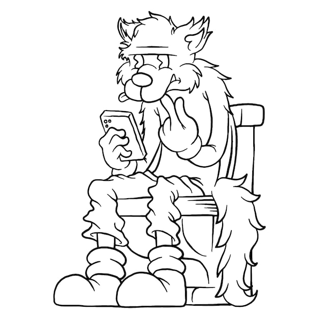 Kleurplaat illustratie van cartoon wolf zittend op het toilet