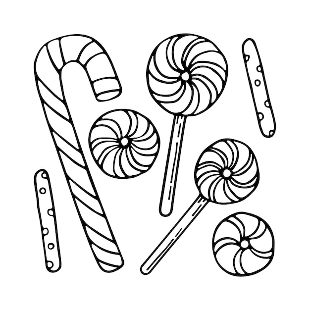 Kleurplaat karamel snoepjes Vakantiesnoepjes Lollipop op een stokje Handgetekende doodle vectorillustratie Kleurboek voor kinderen en volwassenen Zwart-wit schets lijntekeningen