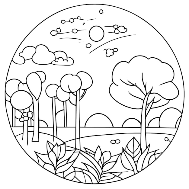 kleurplaat landschap natuurtaferelen met zonwolken of weidelandschap tafereel veel bomen bloeien