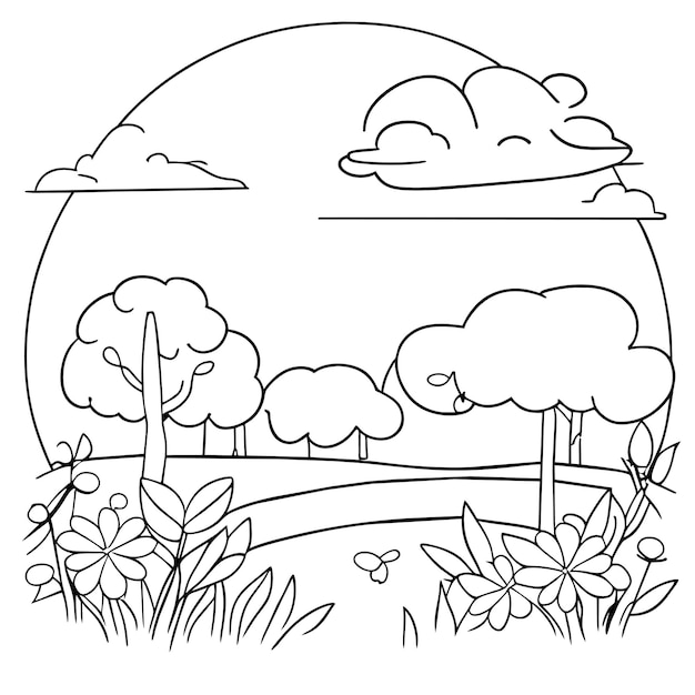 kleurplaat landschap natuurtaferelen met zonwolken of weidelandschap tafereel veel bomen bloeien