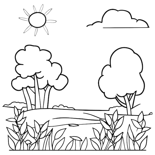 kleurplaat landschap natuurtaferelen met zonwolken of weidelandschap tafereel veel bomen bloeien