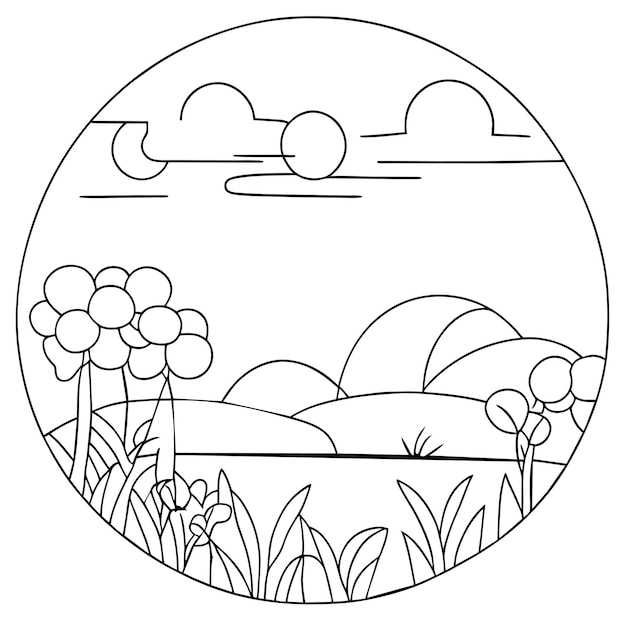 kleurplaat landschap natuurtaferelen met zonwolken of weidelandschap tafereel veel bomen bloeien