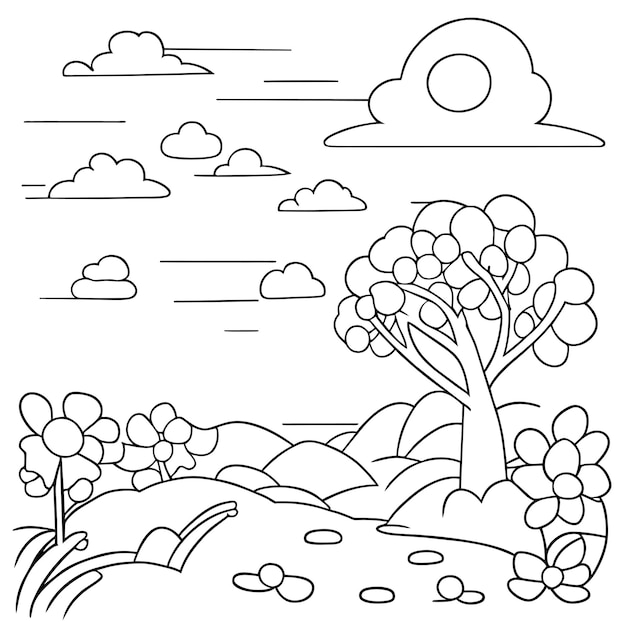 Vector kleurplaat landschap natuurtaferelen met zonwolken of weidelandschap tafereel veel bomen bloeien