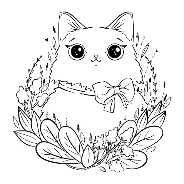 Vector kleurplaat met cartoon pluizige kat met bloemen en boog. kleurplaat