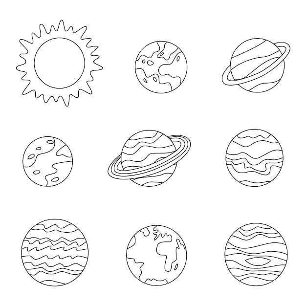Kleurplaat met planeten van het zonnestelsel. Zwart-wit foto.