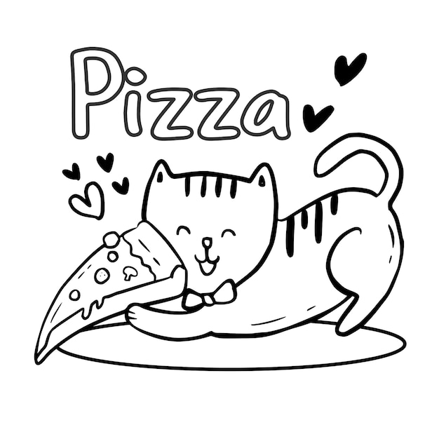 Kleurplaat met schattige kat met pizza