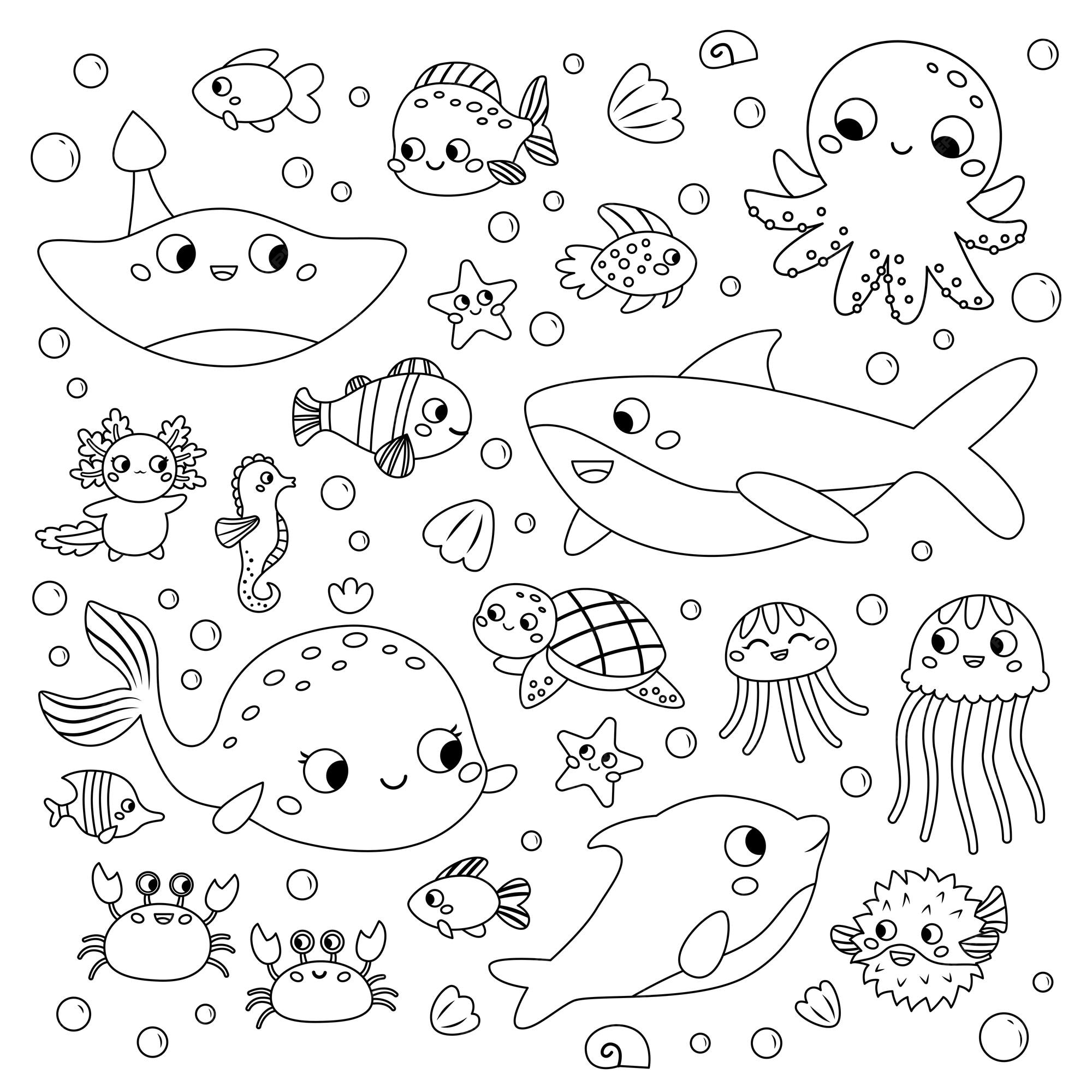 Cartoon Zeedieren Karakters Groep Kleurplaat Premium Vector | Porn Sex