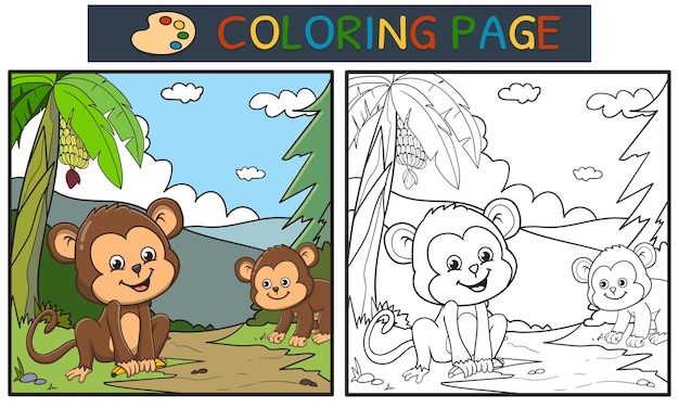 Kleurplaat of boek met twee apen op zoek naar banaan in het bos